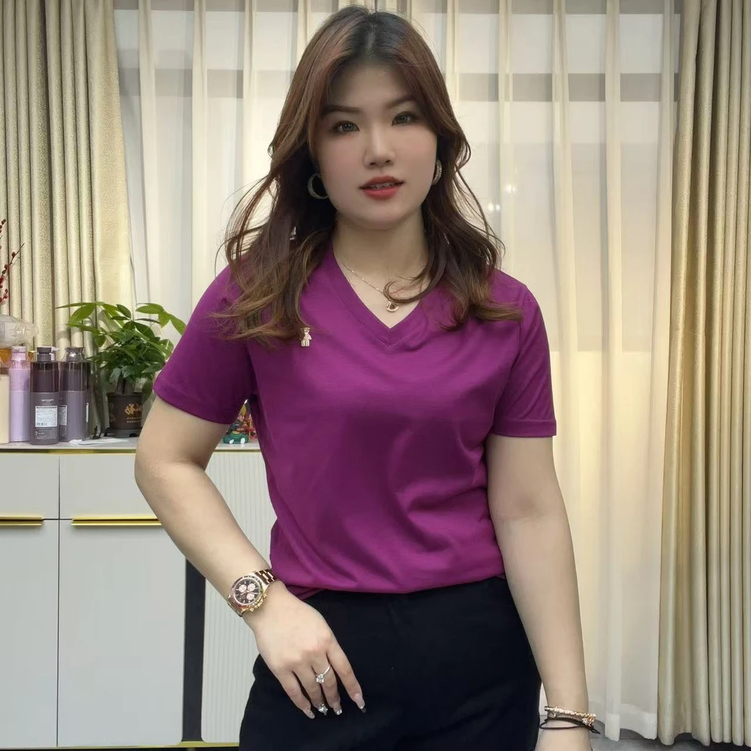 小鑫肝@现货浮力丝光棉V领正肩装饰简宁纯色百搭T恤 5832