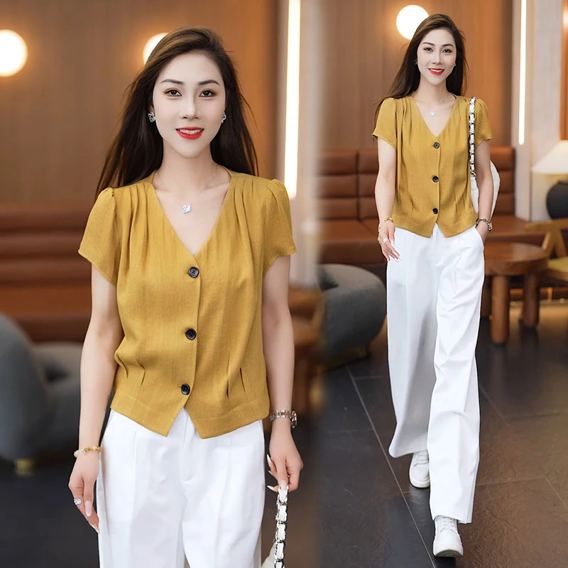 时尚休闲V领短袖衬衫女2025夏季新款洋气质百搭显瘦短款衬衣小衫