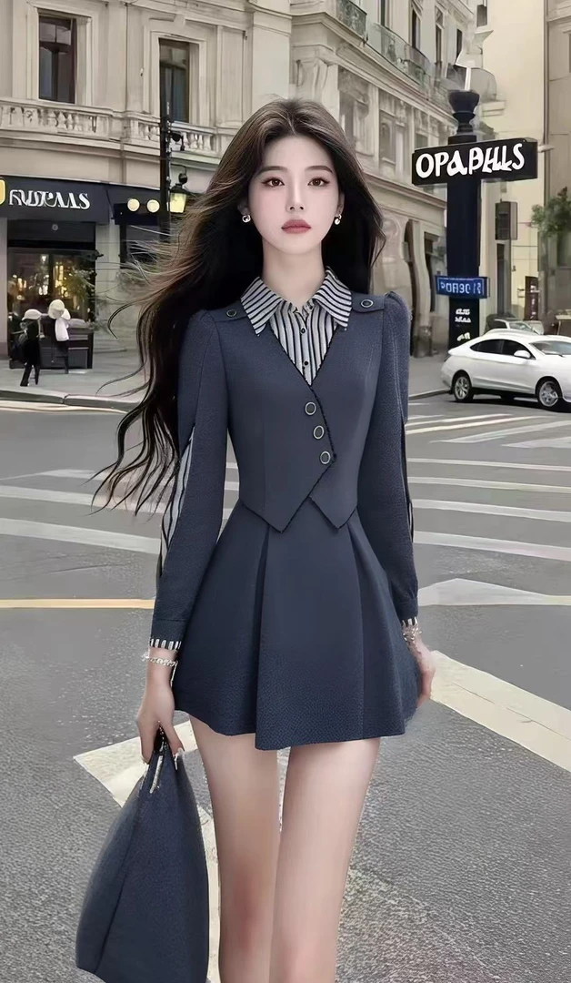 高级小众休闲通勤风拼接衬衫领长袖上衣+百搭高腰半身裙女两件套