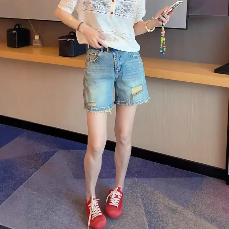 大码女装复古百搭破洞牛仔短裤2025夏季薄款毛边高腰显瘦阔腿热裤