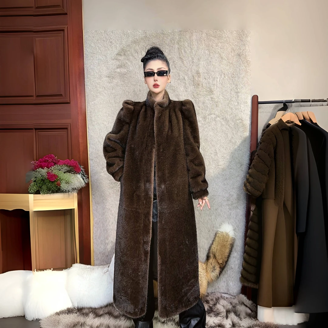 {阿美拉}法式高奢秋冬设计师泡泡袖印尖立领毛毛外套