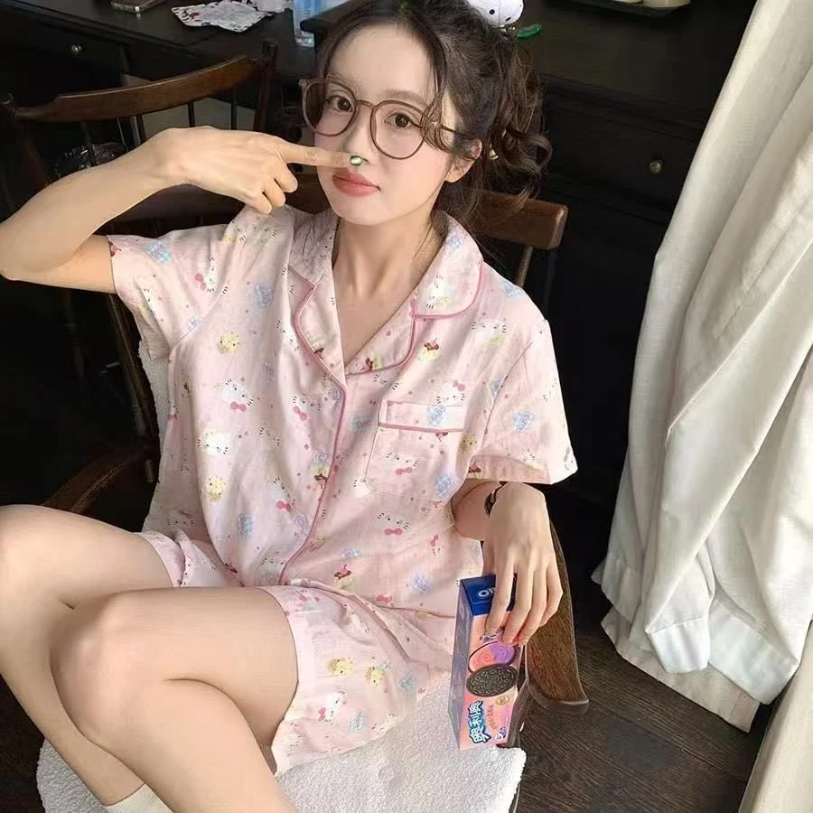 『粉色满印KT』短袖短裤夏季新款睡衣女宽松可爱薄款家居服套装女生
