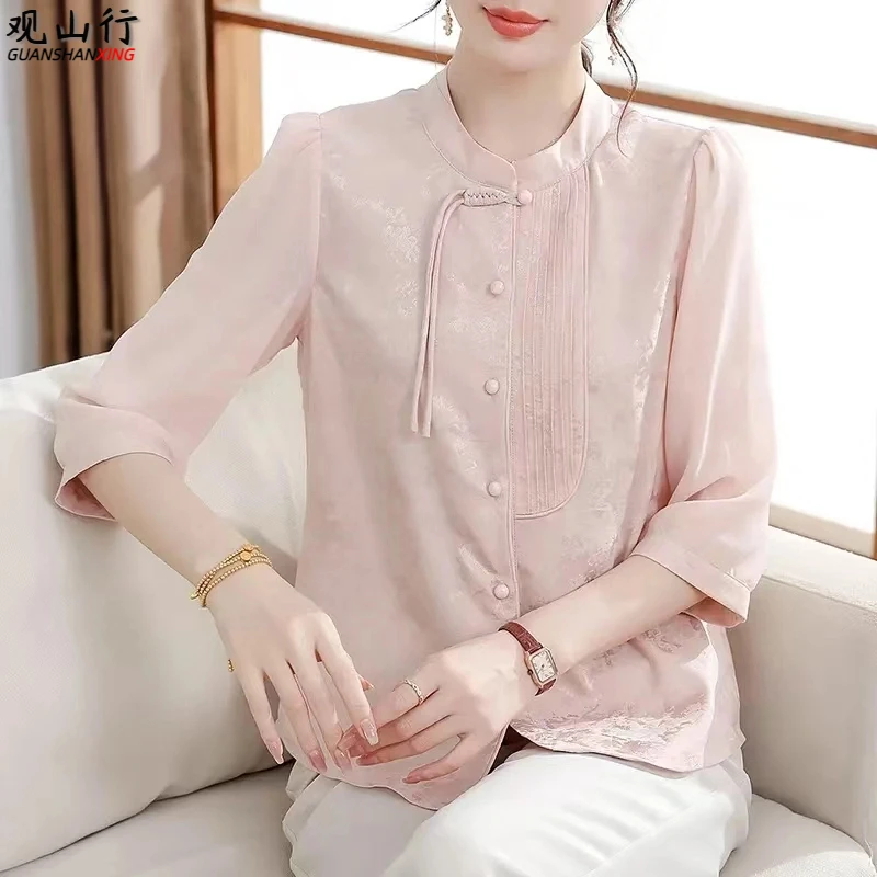 年轻妈妈夏装2025新款小衫中老年女气质上衣新中式雪纺T恤衬衫薄