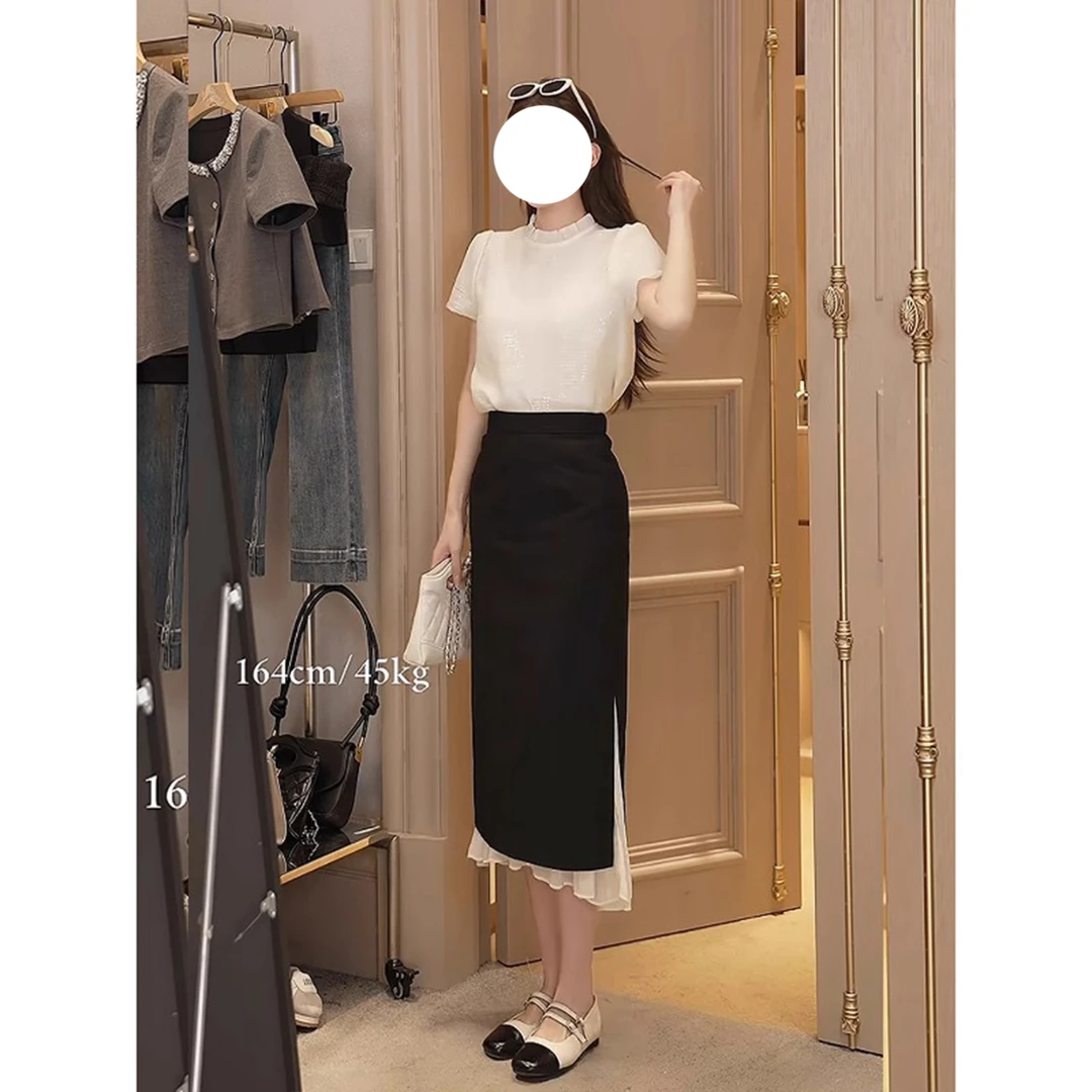 韩系小香风时尚气质轻奢名媛风亮片女夏包臀蕾丝边拼接半身裙套装