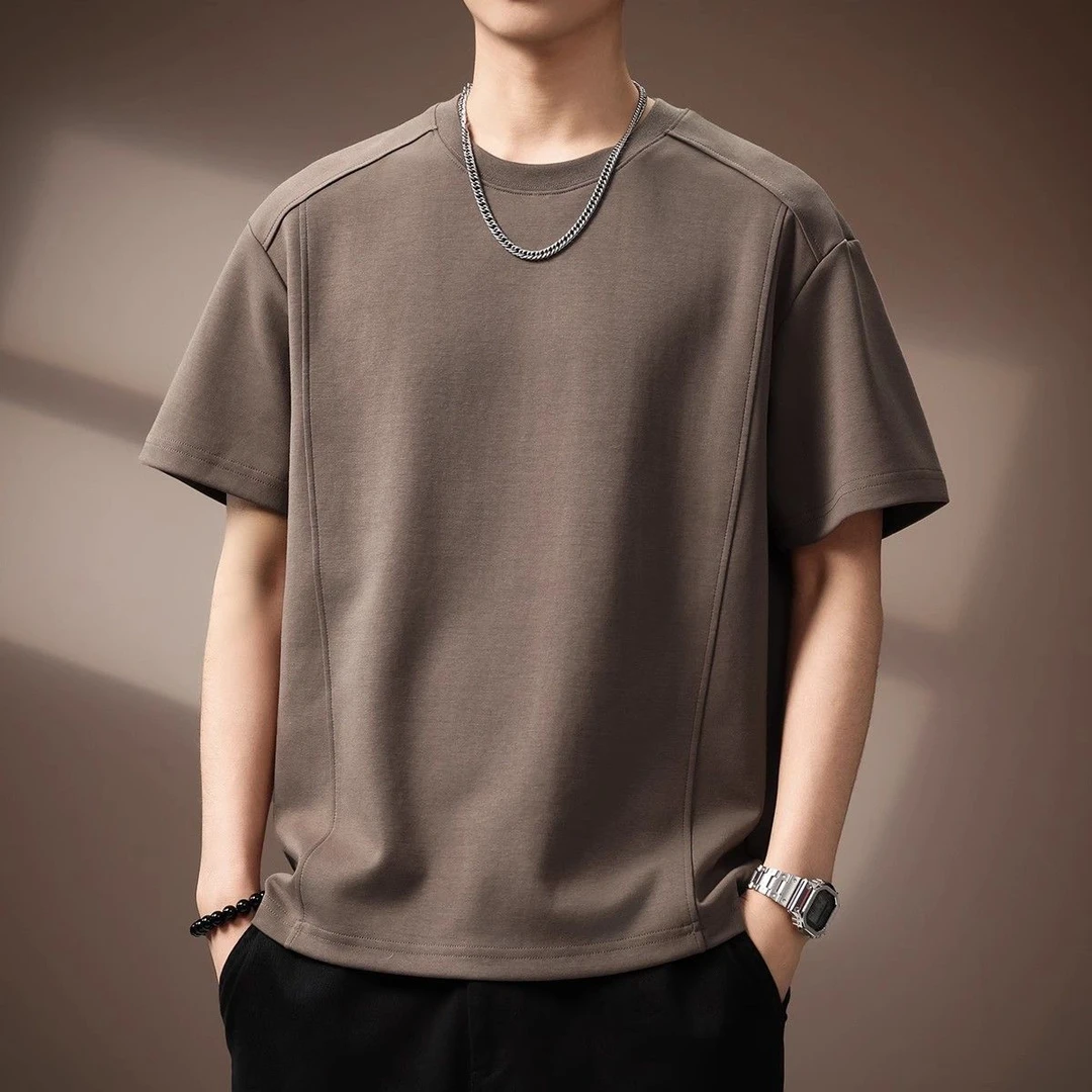 100%纯棉高端日系复古拼接简约短袖T恤男2025夏季宽松透气休闲男