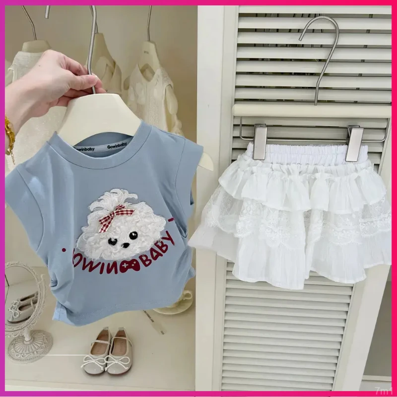 两件套装女童蕾丝半身裙白色上衣蓝色T恤夏季新款小狗