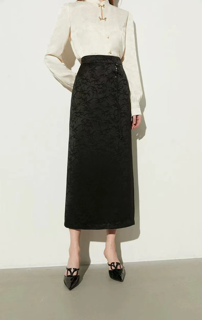 新中式法式印花拉链半身裙气质竹叶提花女装夏季裙子