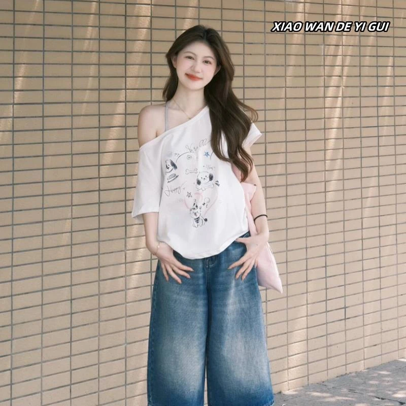 韩系减龄可爱小狗印花斜肩短袖T恤女夏新款宽松显瘦百搭休闲上衣