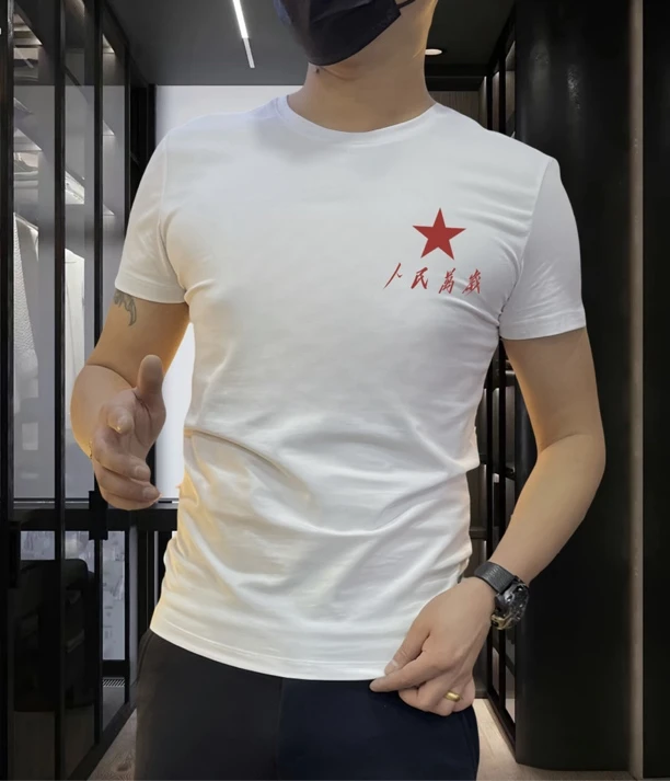 夏季短袖中国风国潮T恤男生圆领短袖T修身弹力中式标语