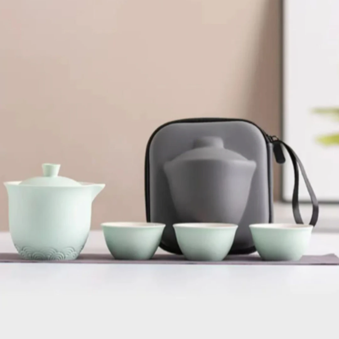 【闪购链接】祥云旅行茶具套组一壶三杯 （浅绿）113