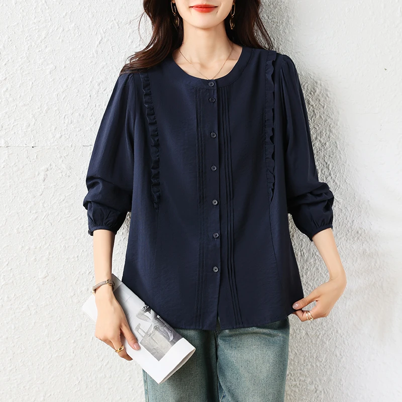 大码2025秋季新款女装拼接简约时尚百搭减龄休闲衬衫洋气小衫上衣