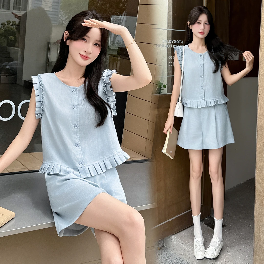韩系无袖木耳边套装女2025夏季新款小个子休闲百搭时尚短裤两件套