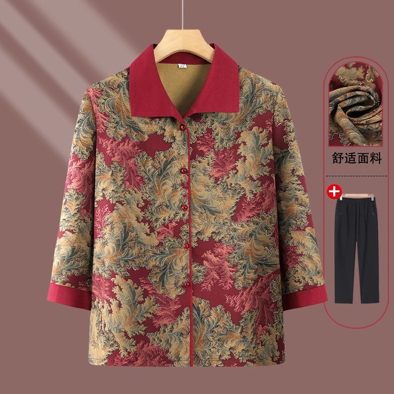 中老年人春装女奶奶长袖衬衫妈妈薄款外套老人七分袖衫夏季衣服