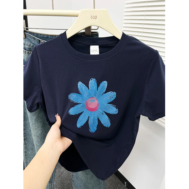 韩系洋气减龄印花正肩圆领短袖T恤女夏季新款宽松休闲百搭上衣ins