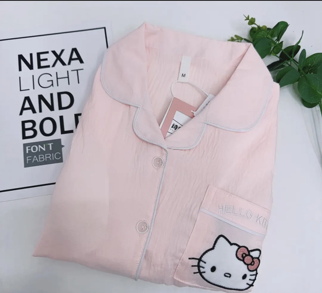 167#【云朵棉长袖长裤+胸垫】四季款薄款粉kt猫女士睡衣套装家居服