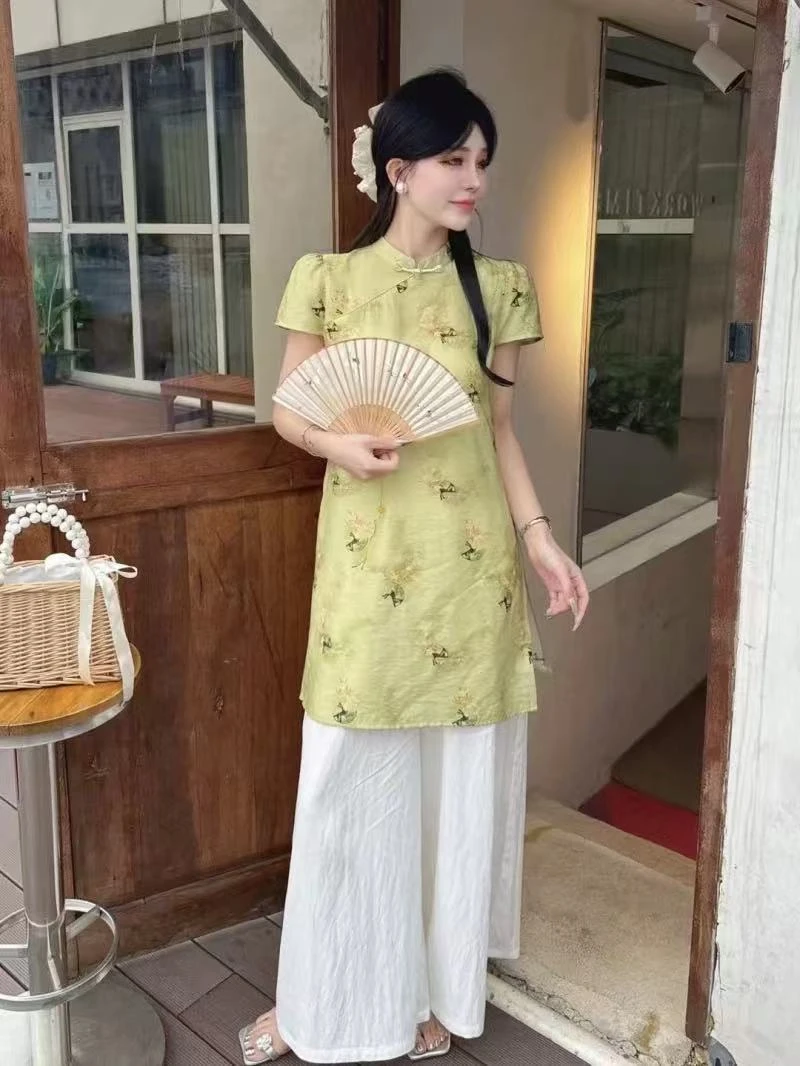 新中式国风套装女欧货2025年夏季新款时尚印花上衣+阔腿裤两件套