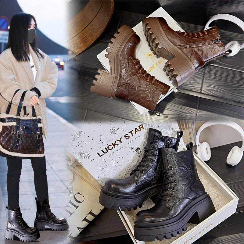 【万达撤柜】真皮马丁靴女2025秋冬新款复古百搭短靴女高跟拉链圆头