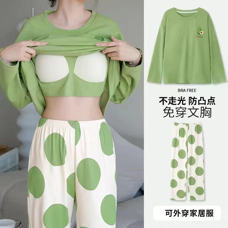 睡衣女春秋款两件套装带胸垫一体外穿薄款女学生卡通秋冬季家居服