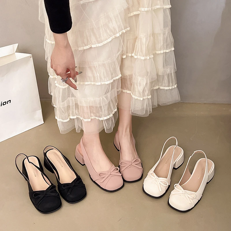 昌祥回力春夏新款甜美小方头粗跟蝴蝶结包头凉鞋女缎面浅口后绊带