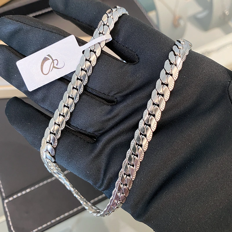 钛钢项链 银色 压花古巴扁链 N1391