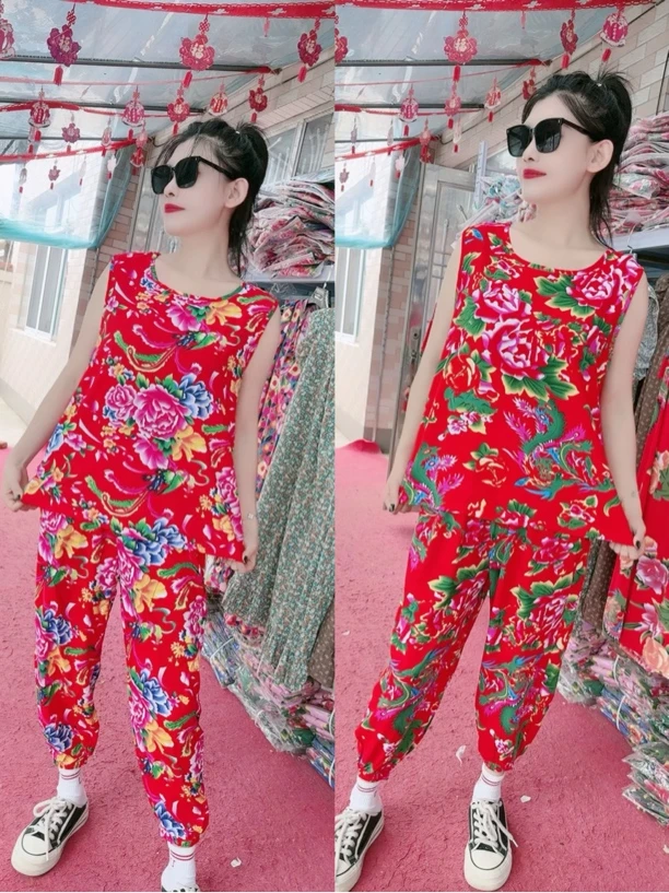 夏季棉绸睡衣套装民族风东北大花可外穿砍袖长裤两件套