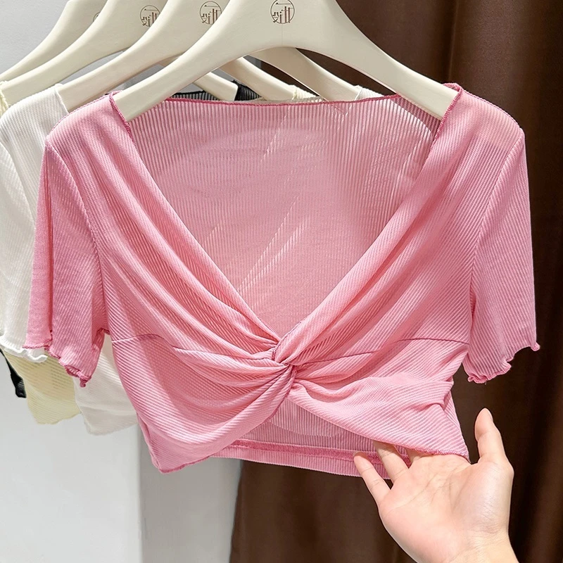 夏季清凉冰丝透气竖纹网纱别致漂亮设计感小衫2025新款短袖T恤女