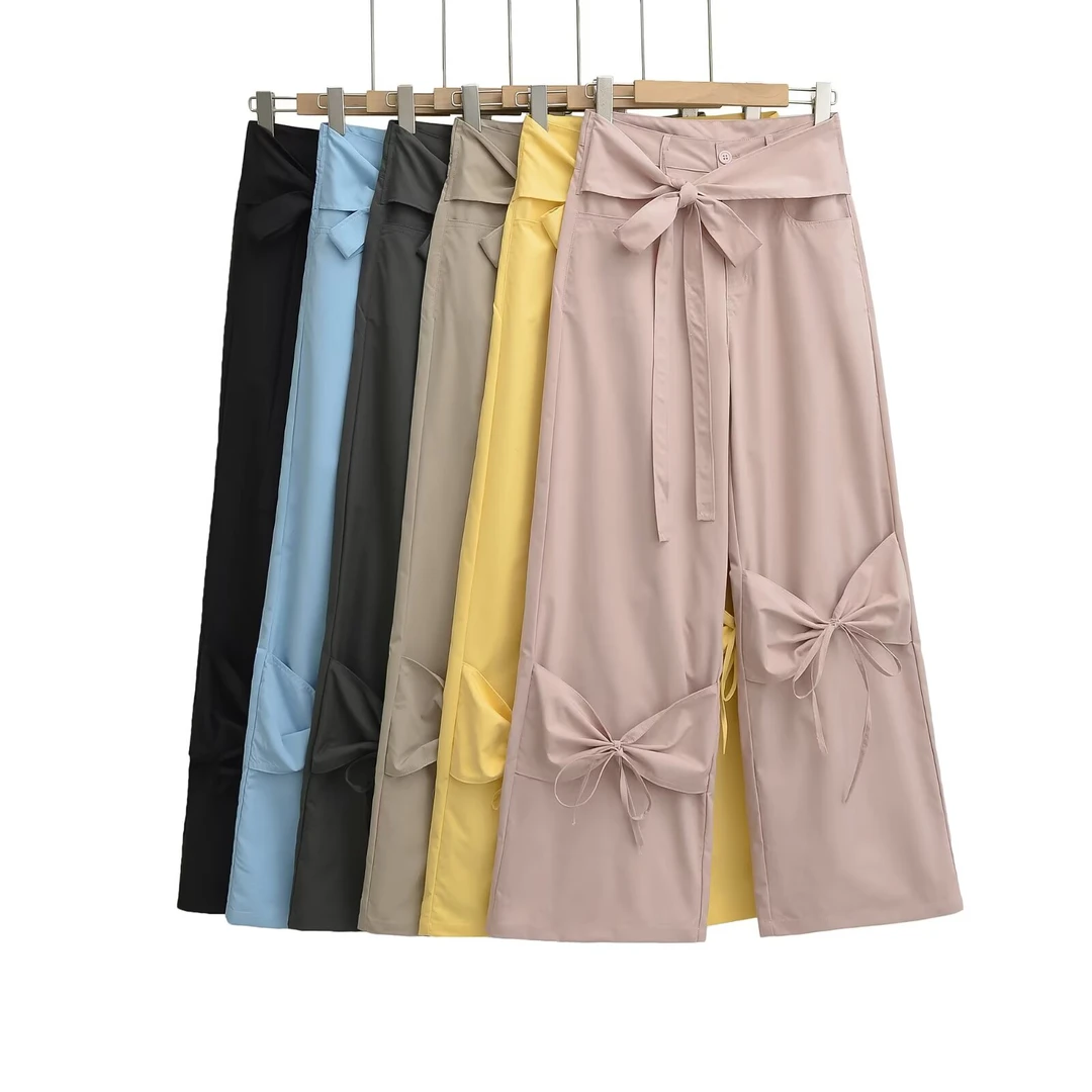 RY2589蝴蝶结绑带设计阔腿直筒显瘦工装裤