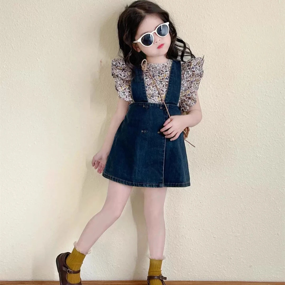 女童碎花衬衫2025夏季新款儿童洋气碎花无袖牛仔背带两件套套装潮