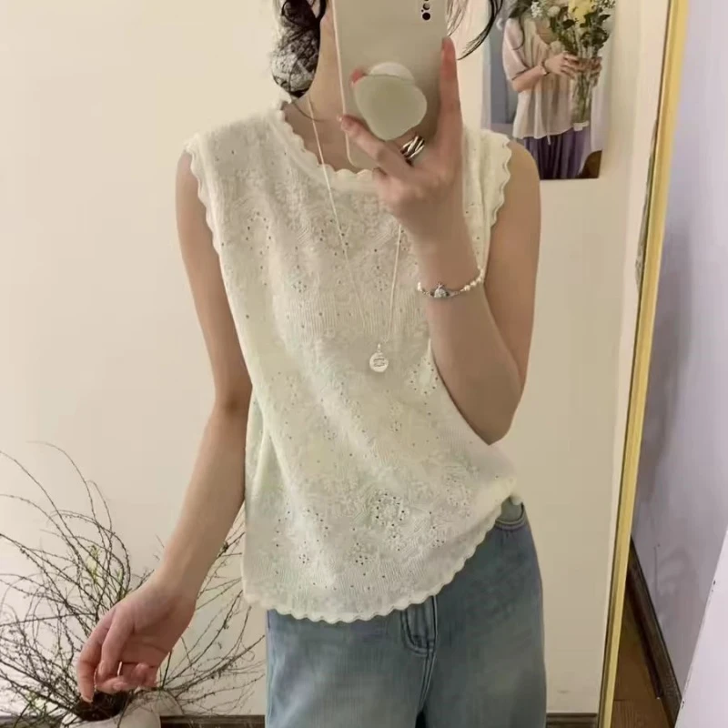 洋气时尚花边圆领镂空针织背心女打底无袖宽松显瘦西装内搭背心