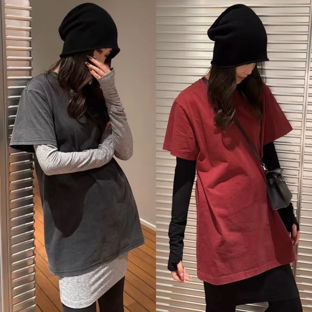 韩版设计感打底真两件长袖T恤女中长款显瘦休闲t恤大码春秋网红