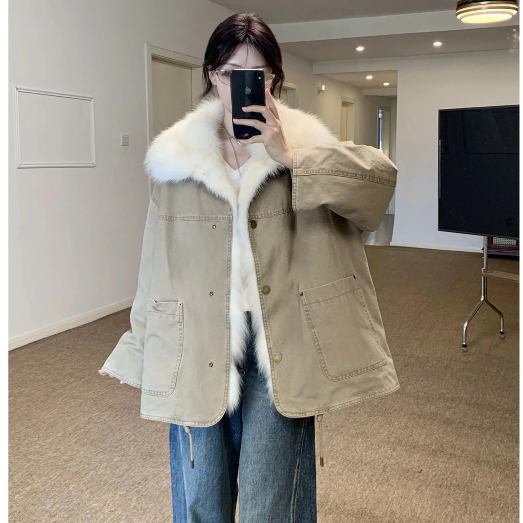复古酷飒工装风仿狐狸毛连襟领毛毛派克服冬季夹棉加厚棉服外套女