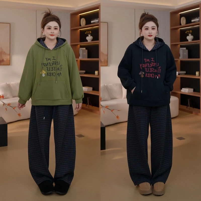 【胖佳佳】雾色清茶 加绒连帽卫衣格外撞色印花上衣女H625Z18358