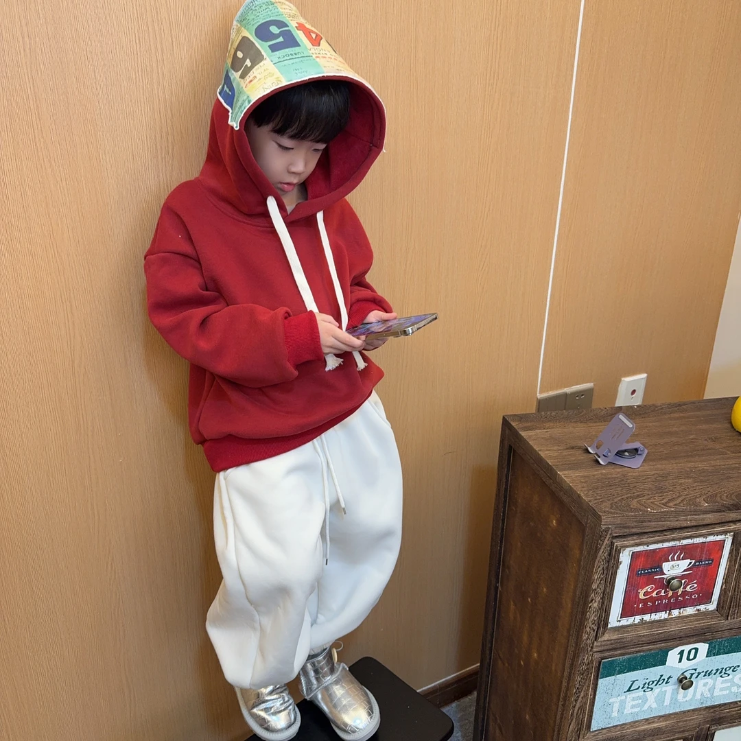 令佳潮牌 24儿童秋冬圣诞节必备红色时尚洋气加绒带帽卫衣210