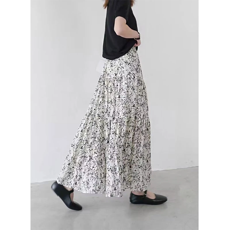 透气雪纺小碎花半身裙a字大摆伞裙女夏季复古高腰垂感显瘦百褶裙