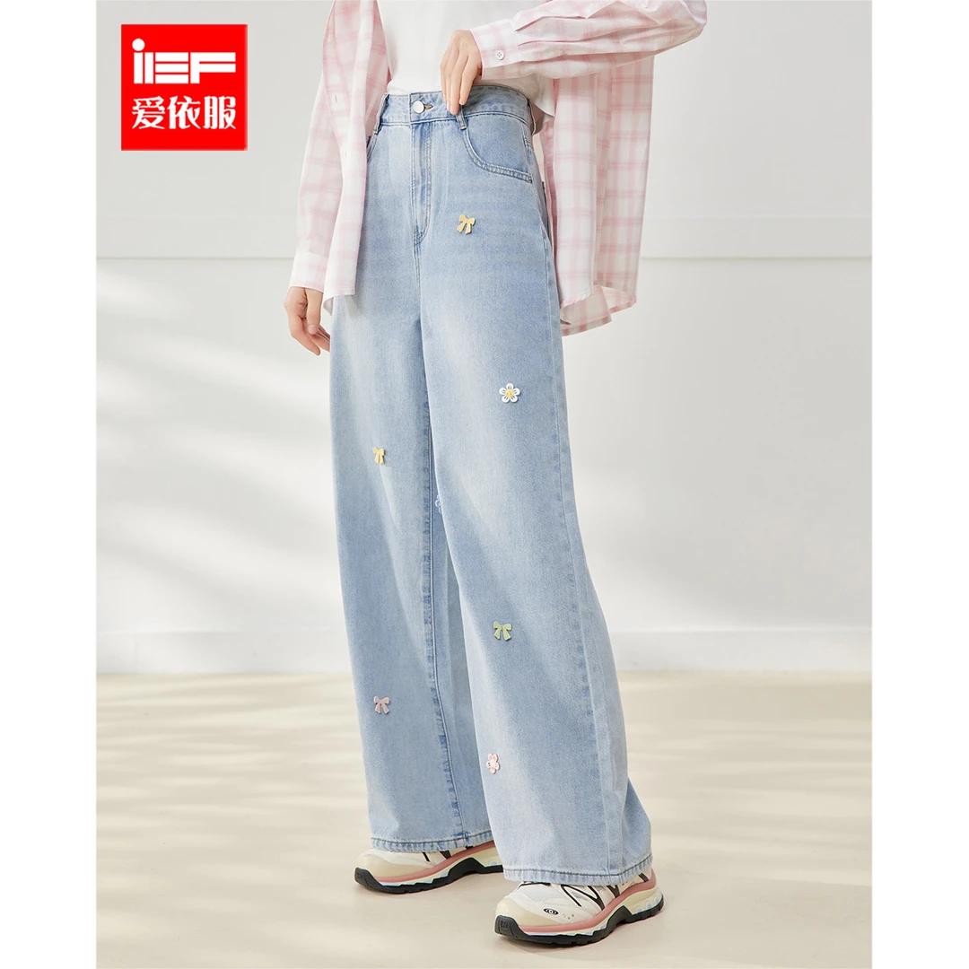 IEF/爱依服裤子2025夏季新款韩版甜美少女风蝴蝶结印花牛仔阔腿裤