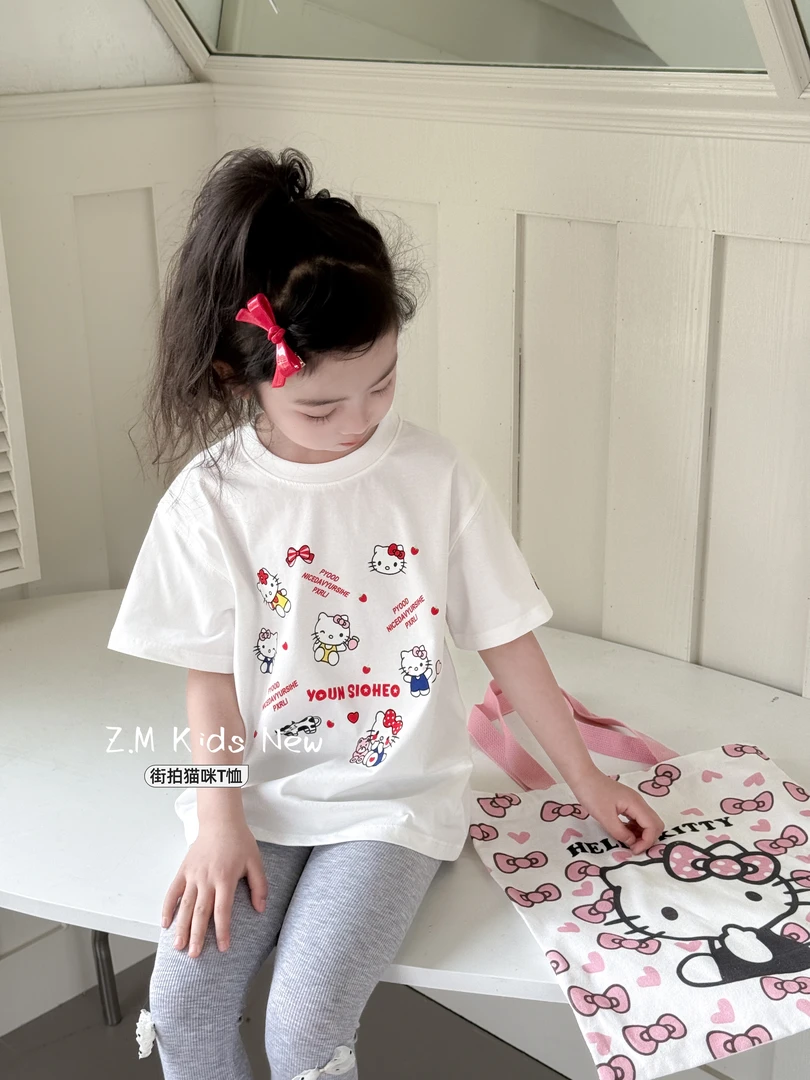 【街拍猫咪】2025夏季儿童圆领凉感棉半袖白色短袖女童T恤N-65104