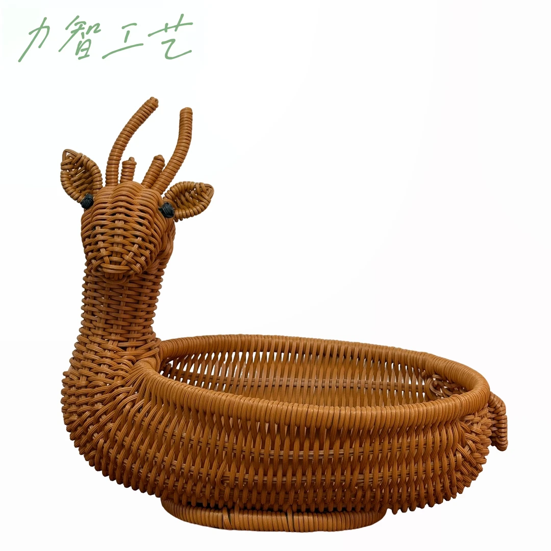 LX009茶色小鹿仿藤编可爱家用收纳篮干果点心篮收纳筐33*23*10