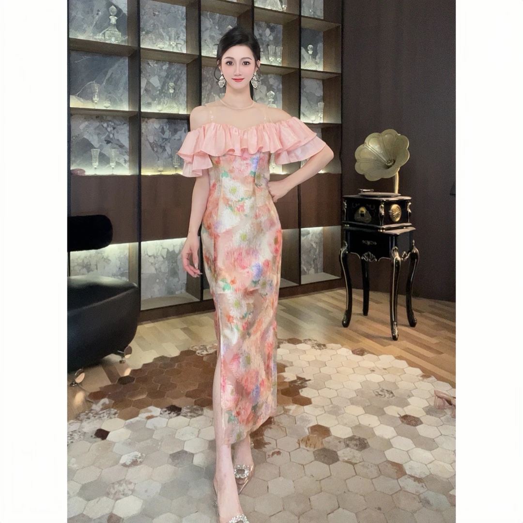 85023碎花显瘦气质夏季复古法式修身小众长款收腰设计感连衣裙