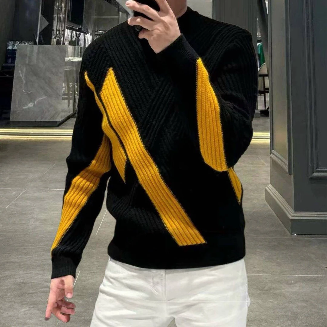 欧货冬季高端男士拼色长袖针织毛衣潮牌时尚个性加厚保暖百搭毛衫