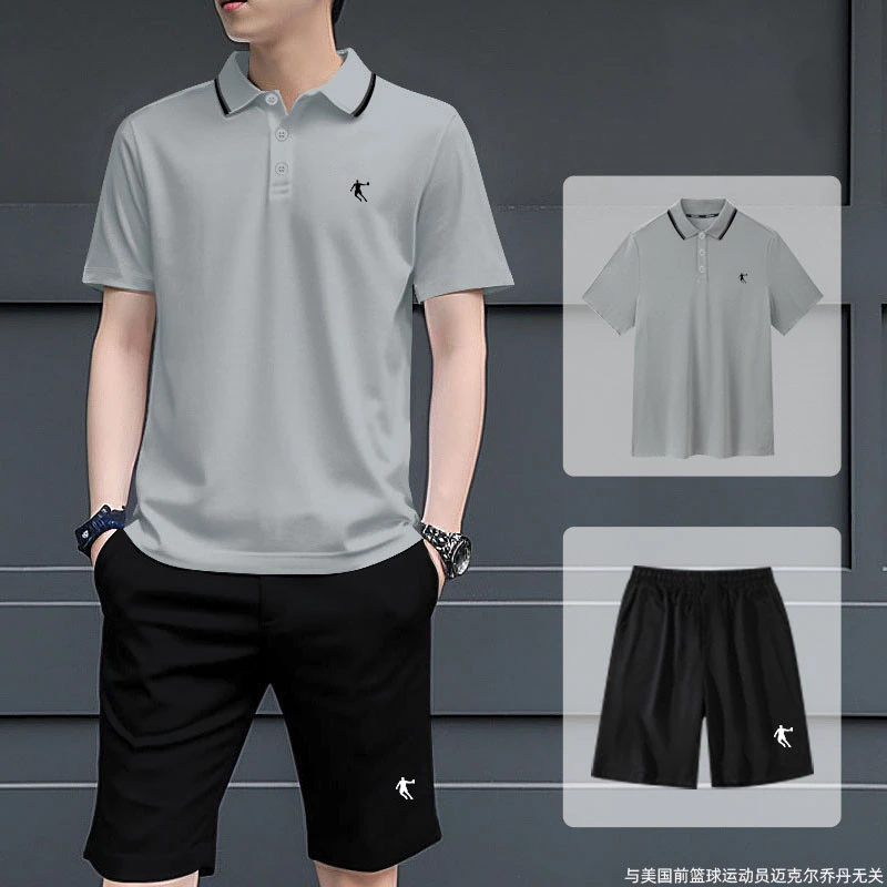 中国乔丹运动套装爸爸夏装冰丝速干短袖短裤POLO衫男装休闲两件套