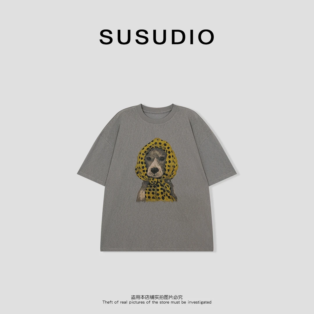 SUSUDIO 100棉 夏季休闲慵懒圆领狗狗印花短袖T恤10343