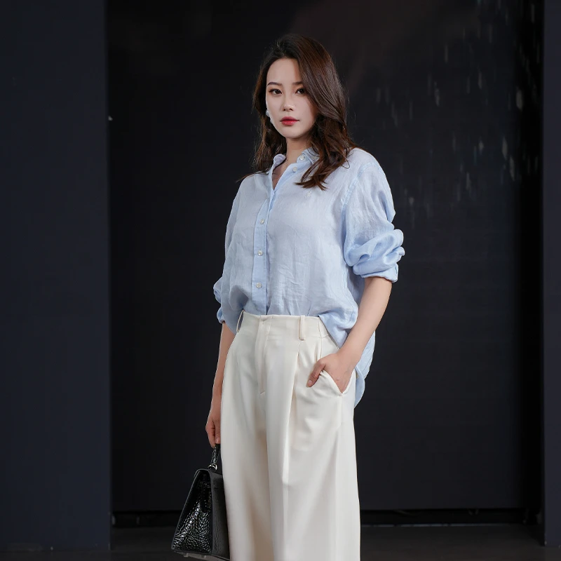 拾尚共合岛屿宽松外穿女衬衫亚麻休闲高级感薄款夏季长袖蓝色衬衣