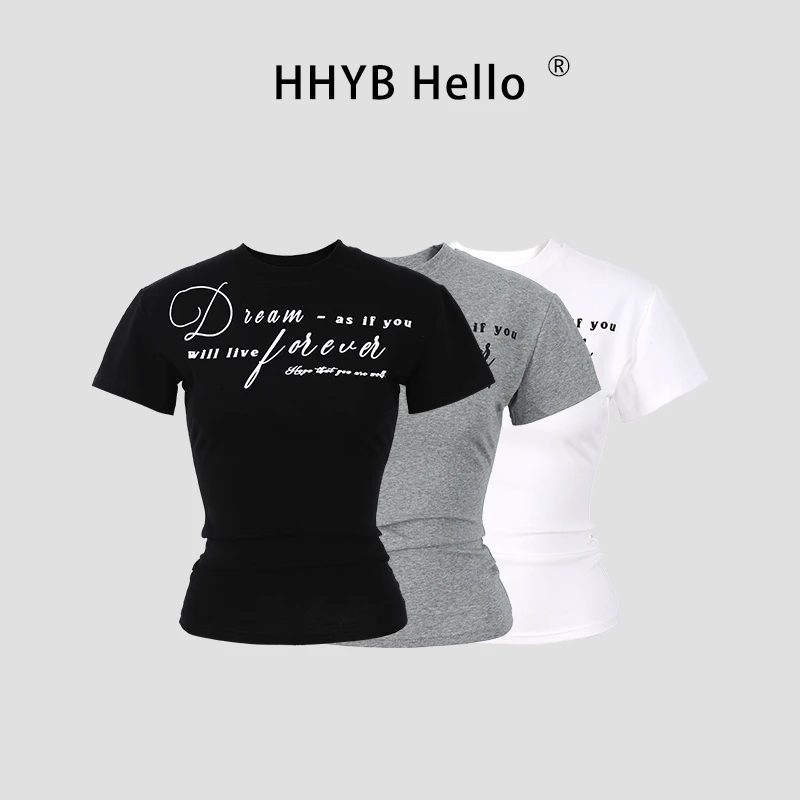HHYB Hello春夏简约字母印花T恤时尚修身显瘦纯色打底上衣250312