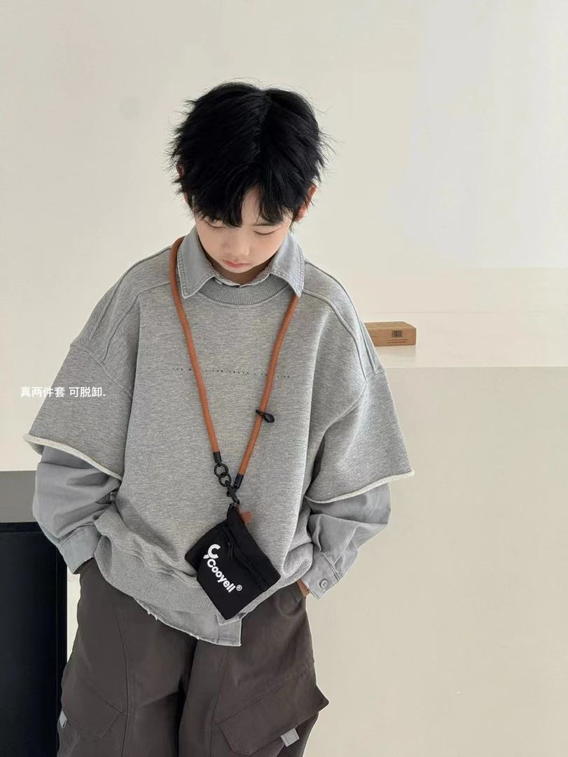 长袖春秋宽松型衬衫真两件可脱卸百搭童装韩版中大童儿童马甲3753