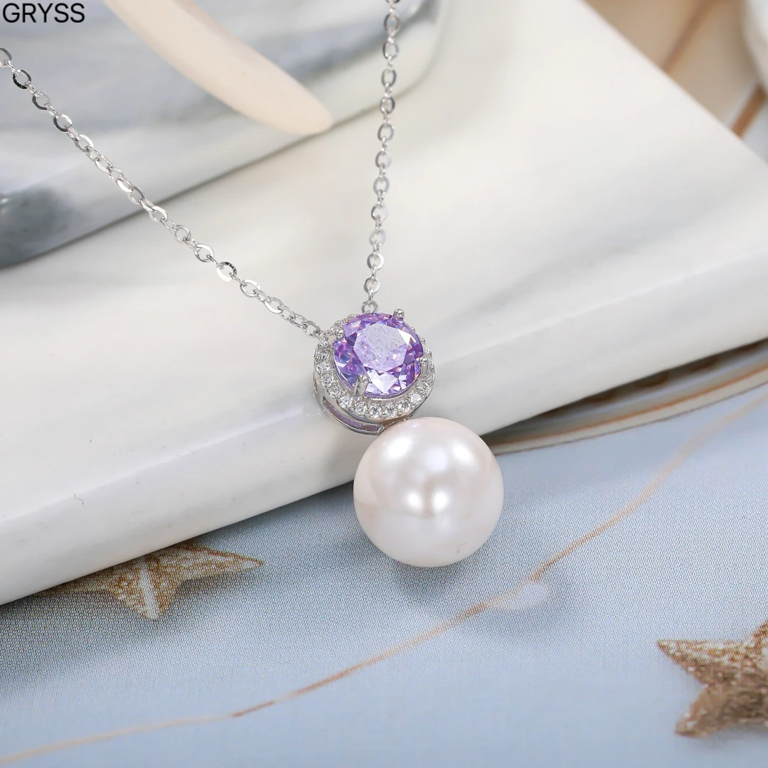 坠链均925银莫桑石 GRYSS 圆紫钻白珠银项链不掉色轻奢时尚美PDCY