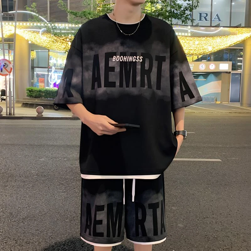 2025新款夏季潮流印花日系套装男宽松百搭运动休闲设计感ootd穿搭