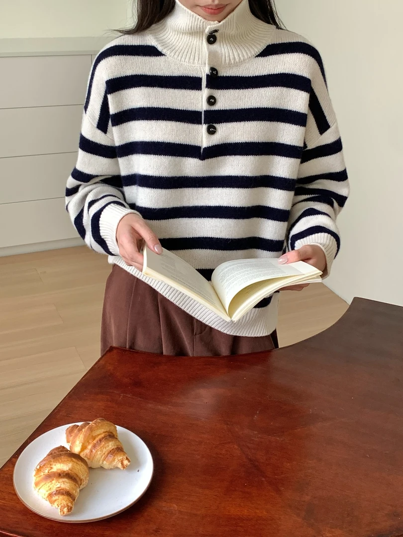 【段公子】新款绵羊毛宽松半开扣翻领长袖撞色条纹针织衫女6005