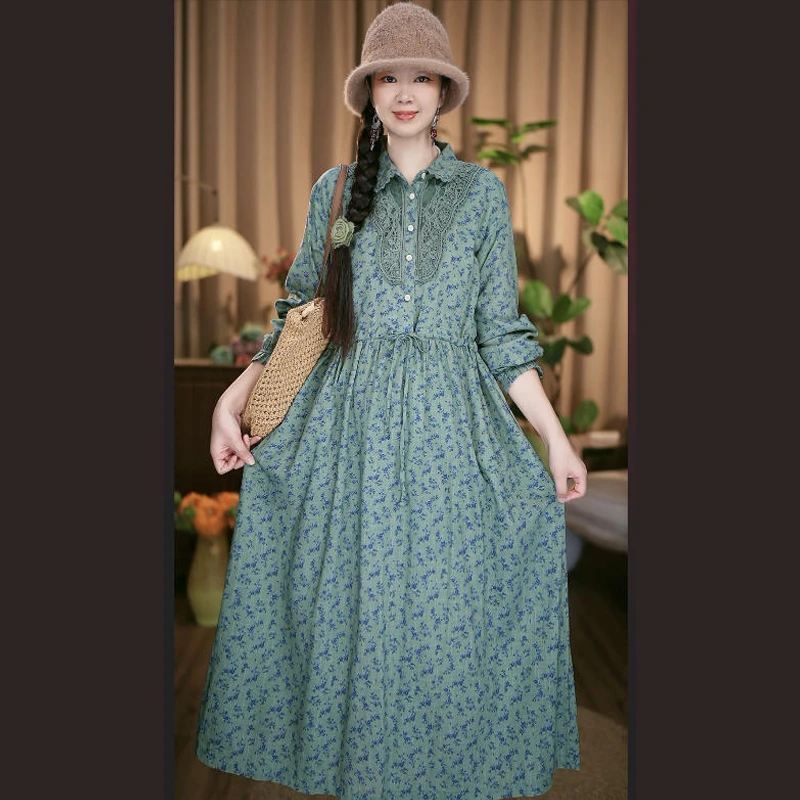 2025新款女装秋季连衣裙时尚宽松翻领复古长裙系扣碎花文艺裙子