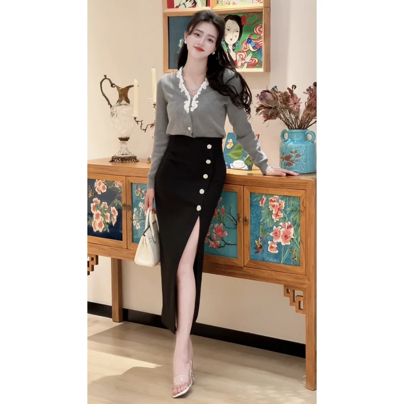 兮兮定制针织开衫加灰色半裙外套时尚法式