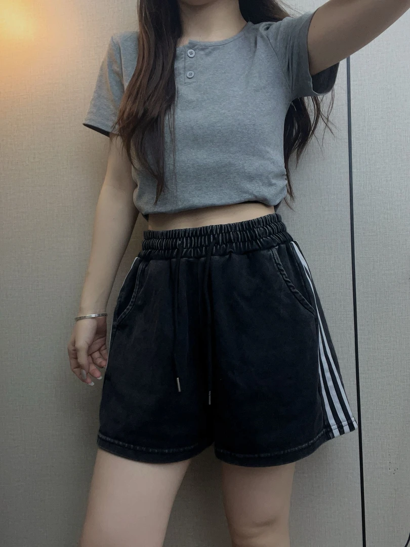 【高版本短裤】2025春夏纯棉水洗做旧短裤休闲宽松三条杠短裤